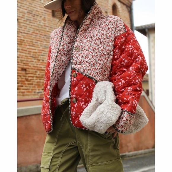 The Carmen Vibrant Micro Floral Patchwork Cropped Coat Quilted Puffer Jacket - Picture 15 of 15